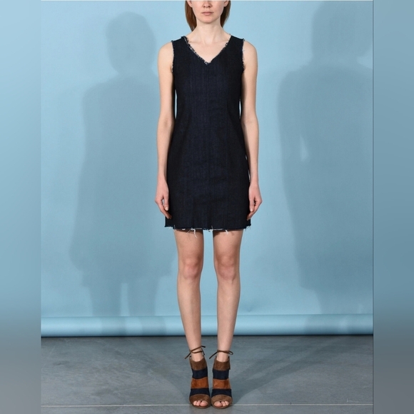 8 ESSENTIAL Raw Hem Denim Mini Dress XS Minimalist Capsule Wardrobe Quiet Luxury - Picture 1 of 10